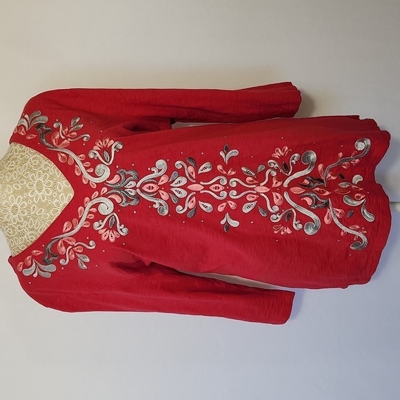 JM Collection Women's Pink Embroidered 3/4 Sleeve V-Neck Tunic Top SZ PXL Casual - Picture 1 of 15